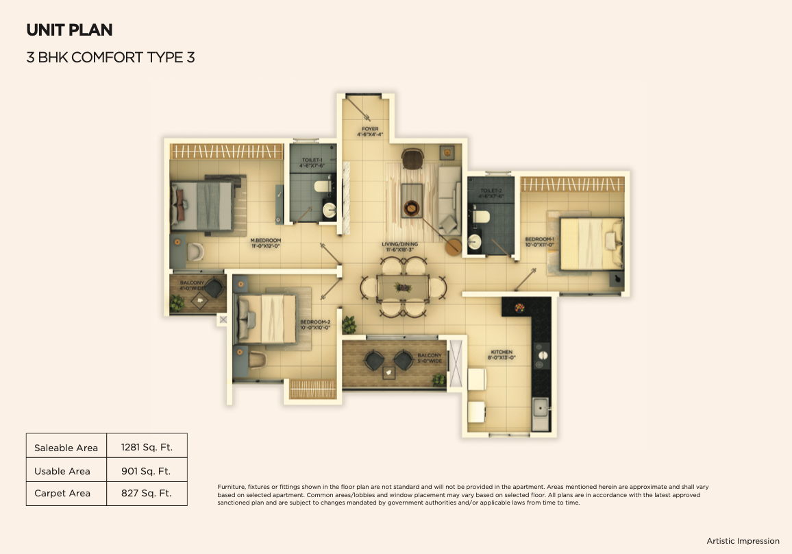 Floor Plan 3 Provident Ecopolitan- Premium 3 BHK North Bangalore